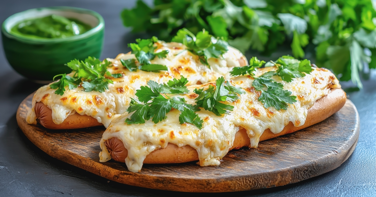 hotdog topped with cheese