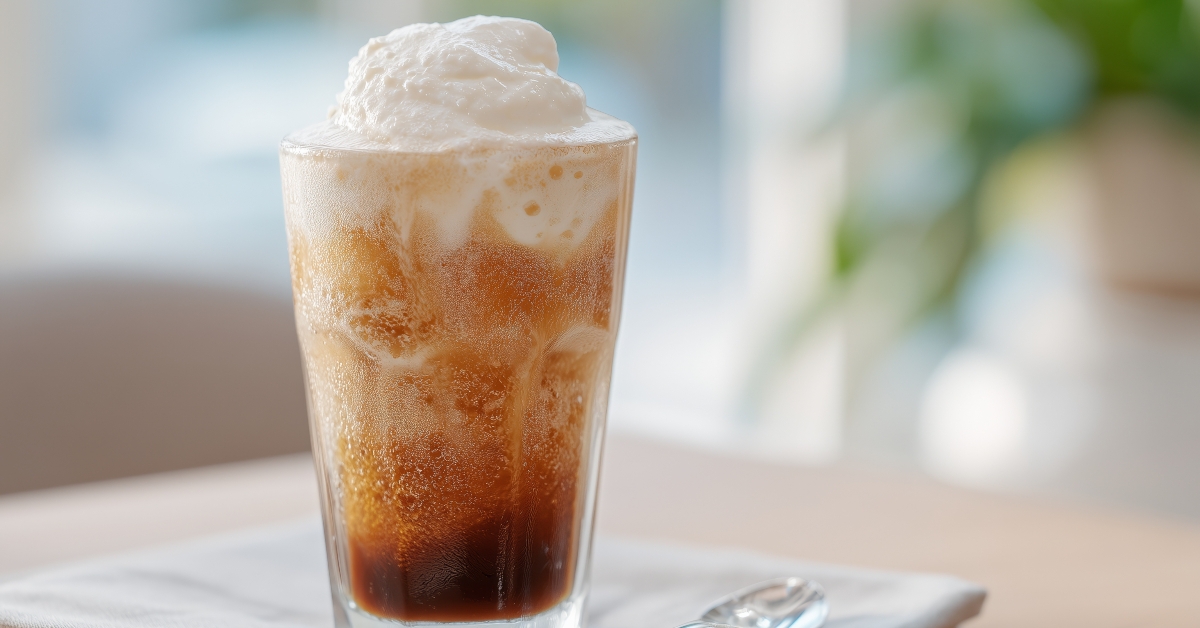 root beer float on modern café table