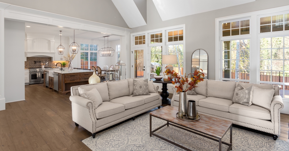 Living room and kitchen in a traditional home
