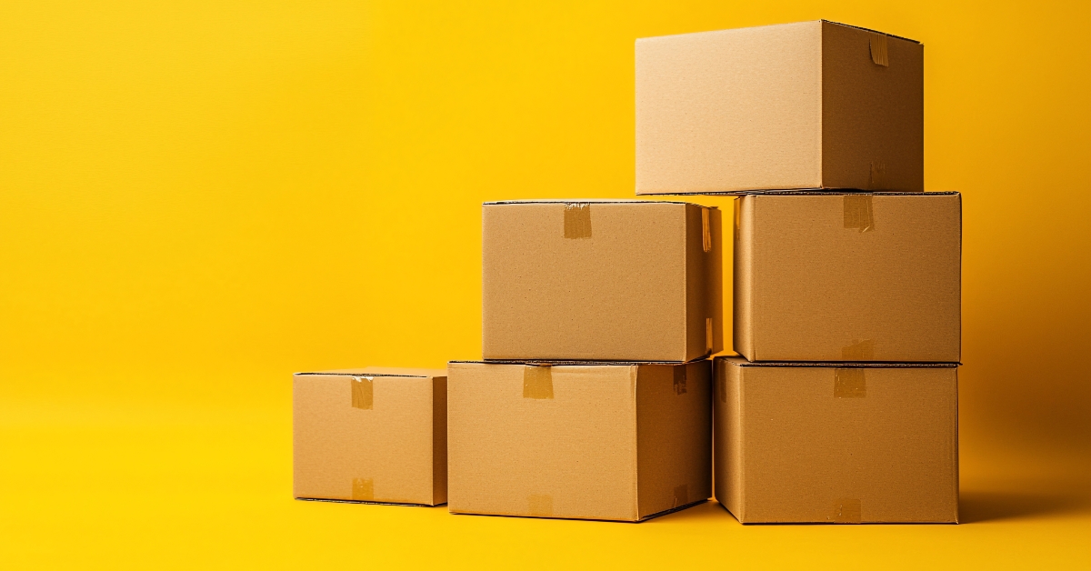 Stacked cardboard boxes on yellow background