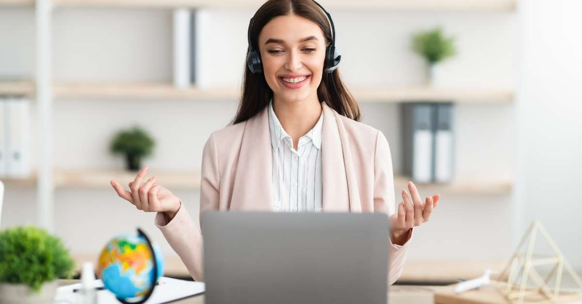 lady video calling talking to laptop