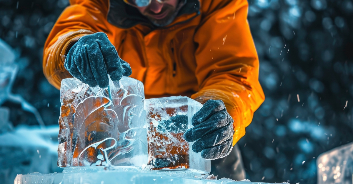 ice sculptor is carving ice into a flower