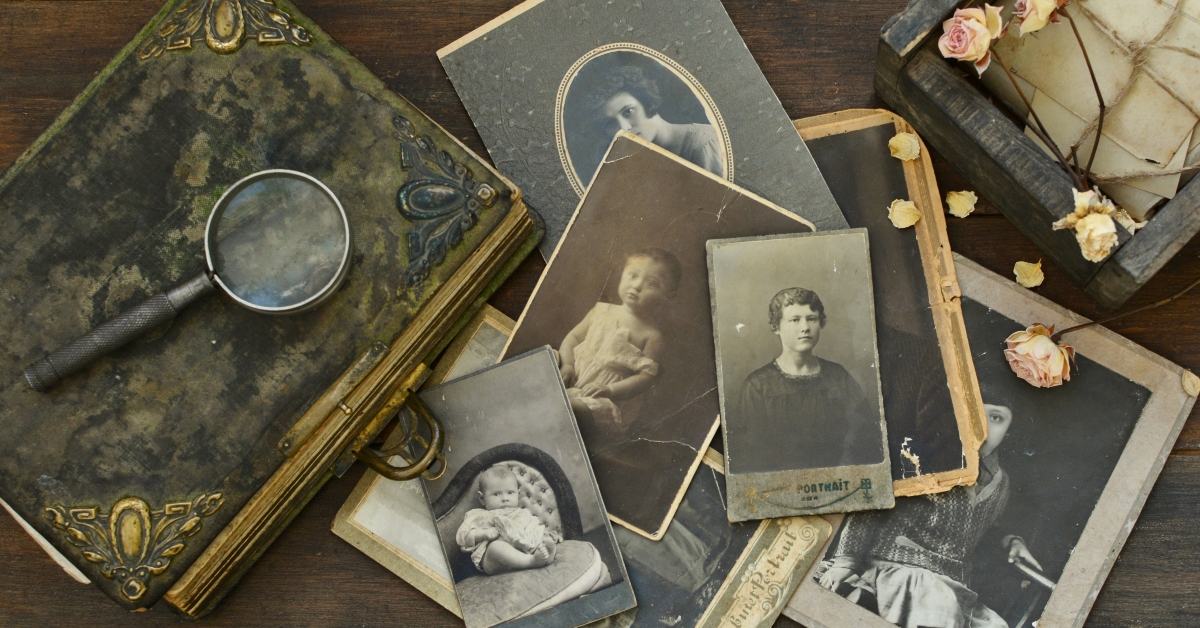 old photo album and photos of family