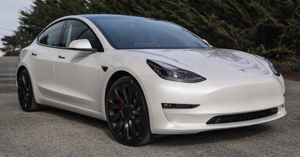 Pearl white electric Tesla Model 3 dual motor