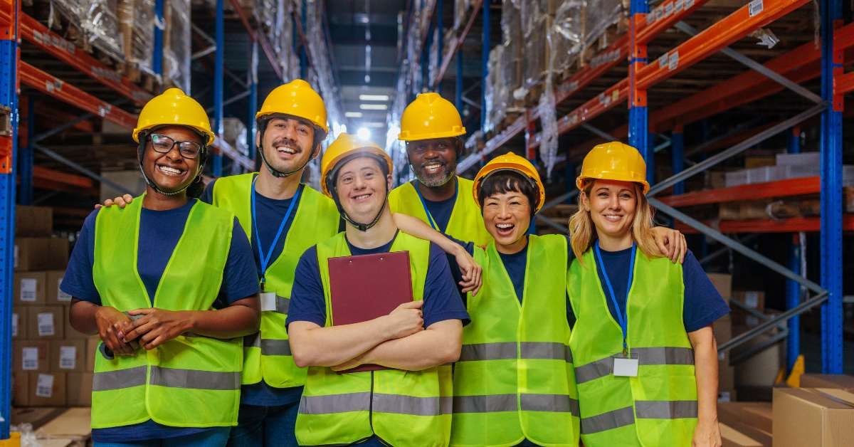 diverse warehouse team posing together