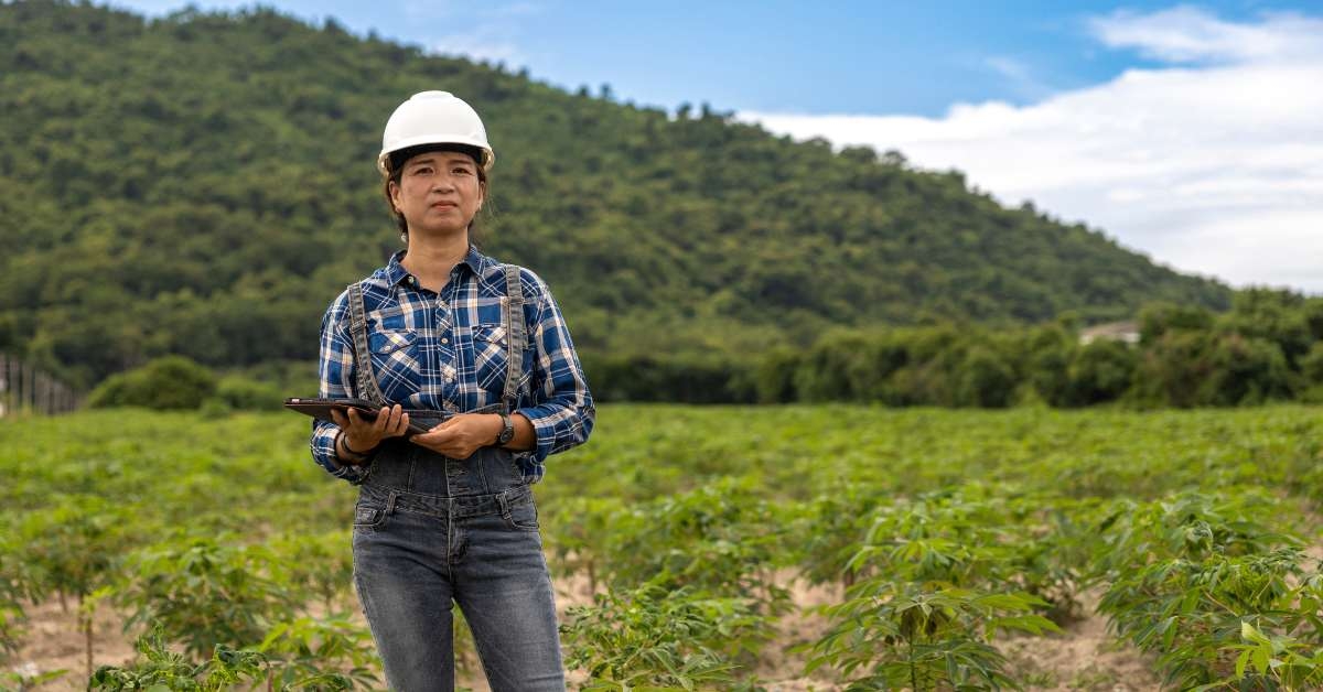 woman in hard hat examines crops in green field