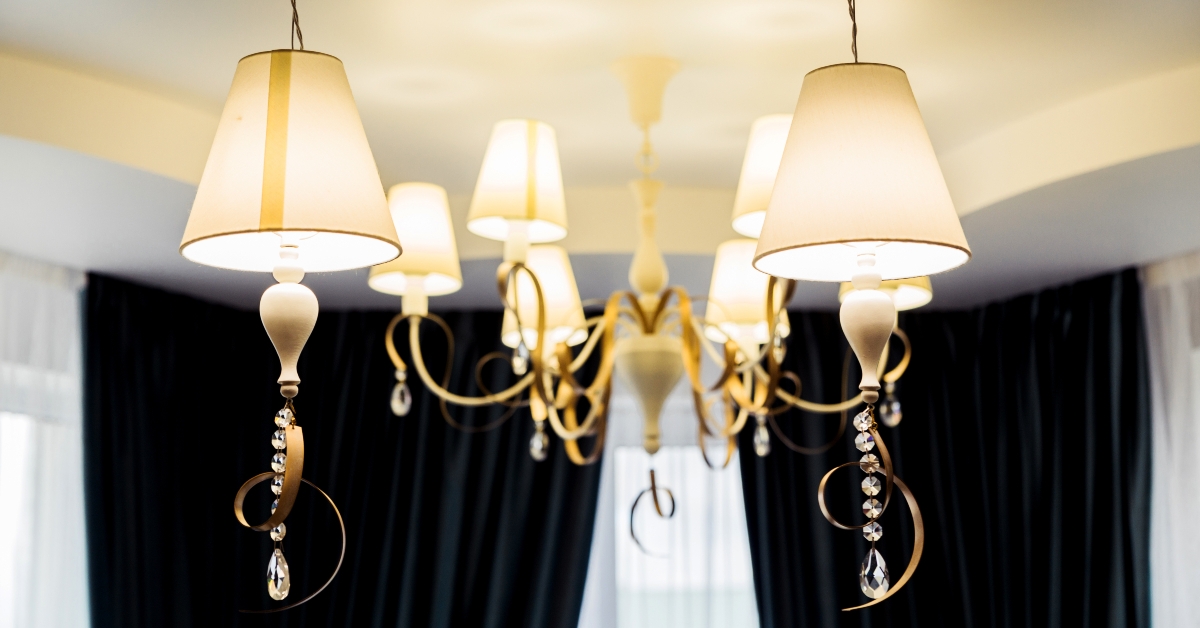 Close-up of elegant chandeliers with multiple lamps