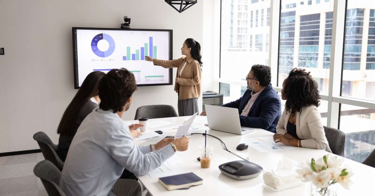 woman presenting financial sales reports 