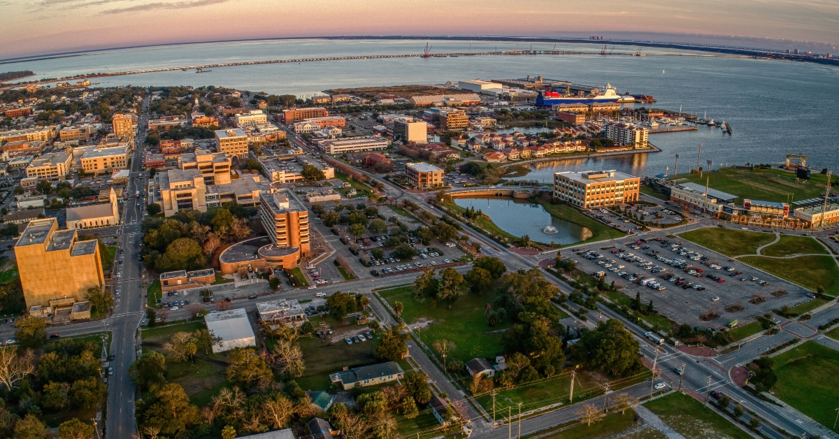 Aerial View of Pensacola Florida during Sunset