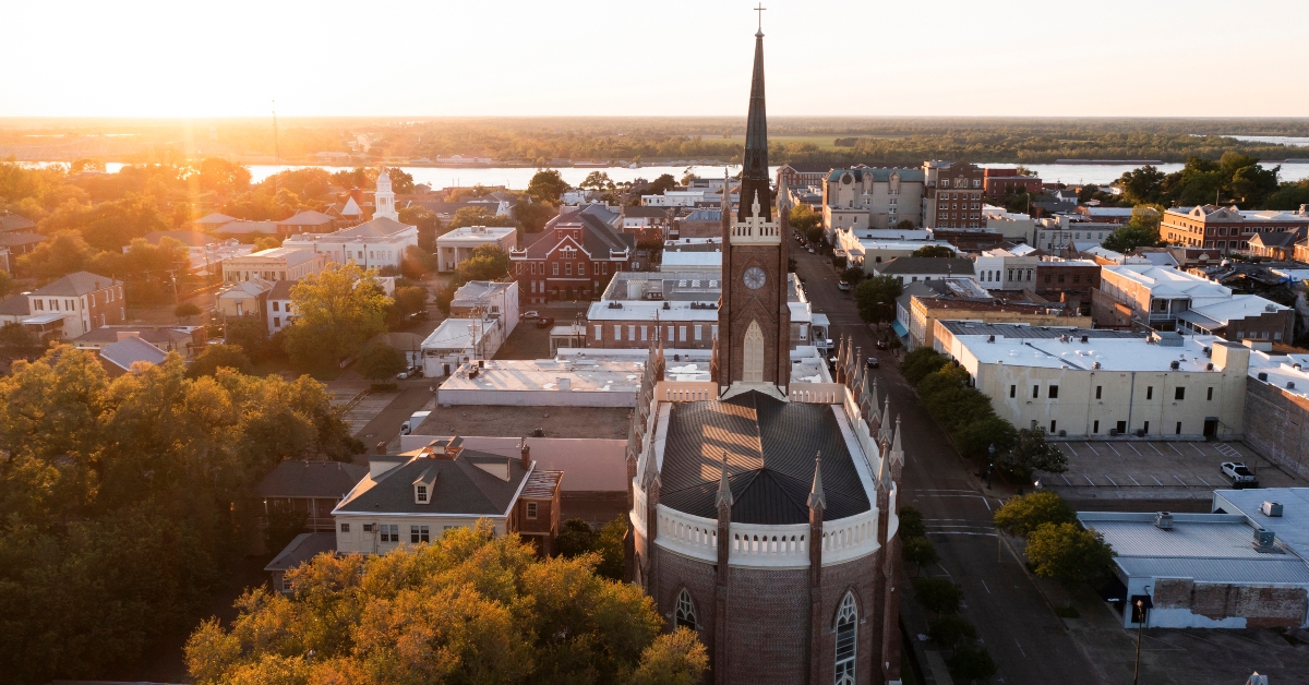 Sunset light shines on a historic church