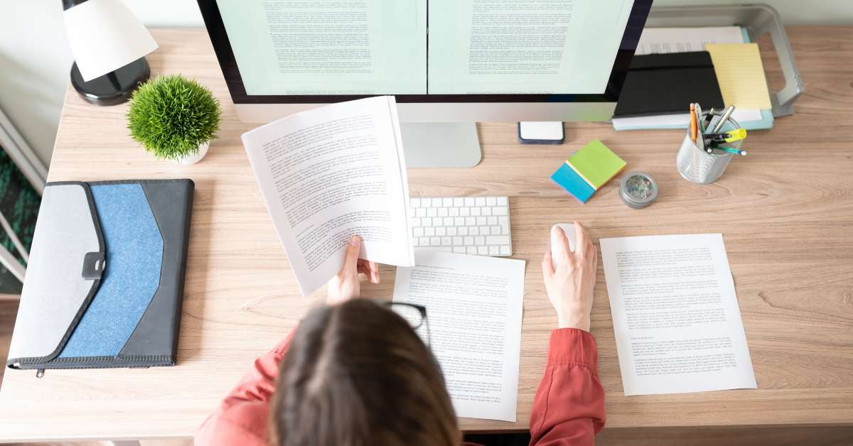 female translator working on a document