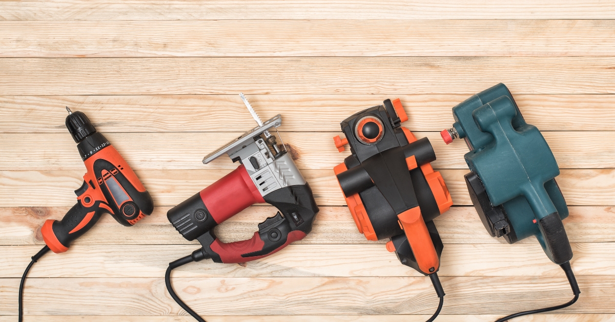 Set of hand carpentry power tools for woodworking