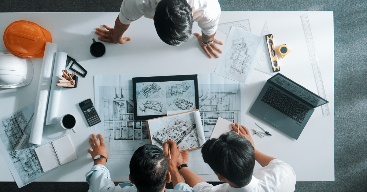 Top aerial view of smart team planning building structure together