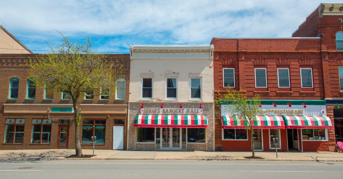 Historic sandstone and brick commercial buildings