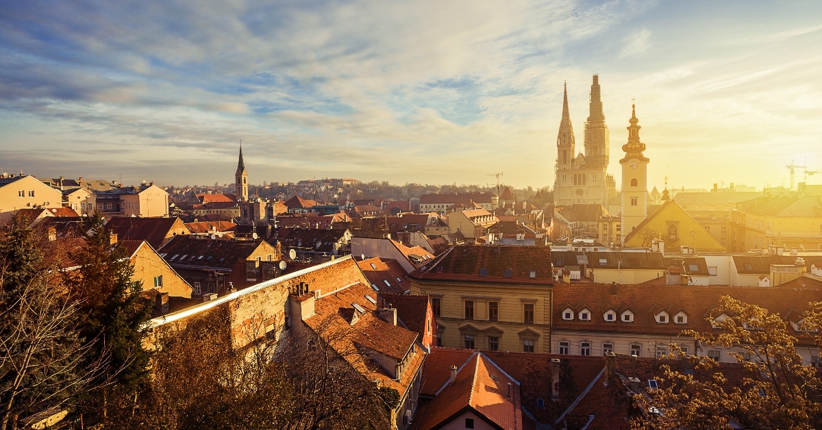 Sun rising in the city of Zagreb in Croatia 
