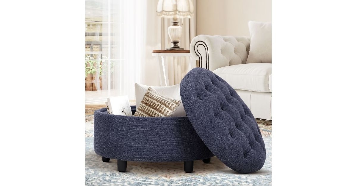 round fabric storage ottoman