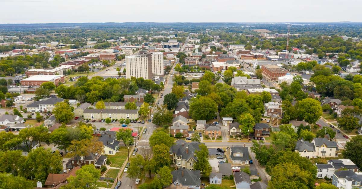 aerial view over the urban downtown
