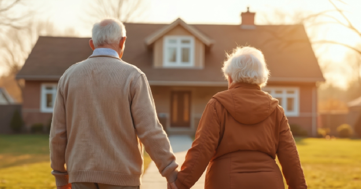 elderly couple infront of their new house