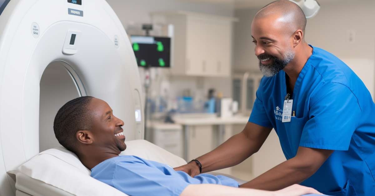 technologist preparing a patient for a pet ct scan