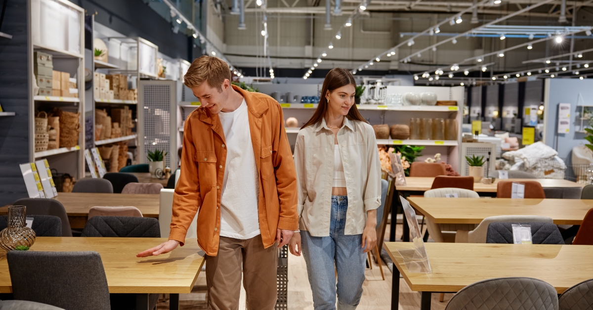 couple choosing new furniture for dining room