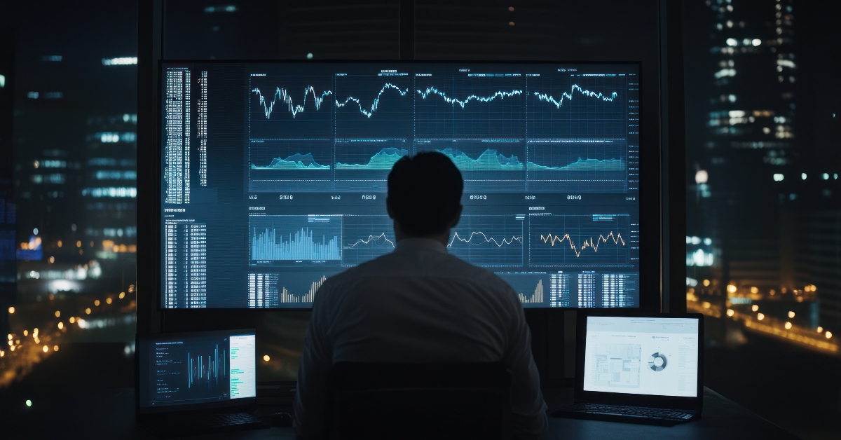 Analyst Overseeing Financial Data on Multiple Screens