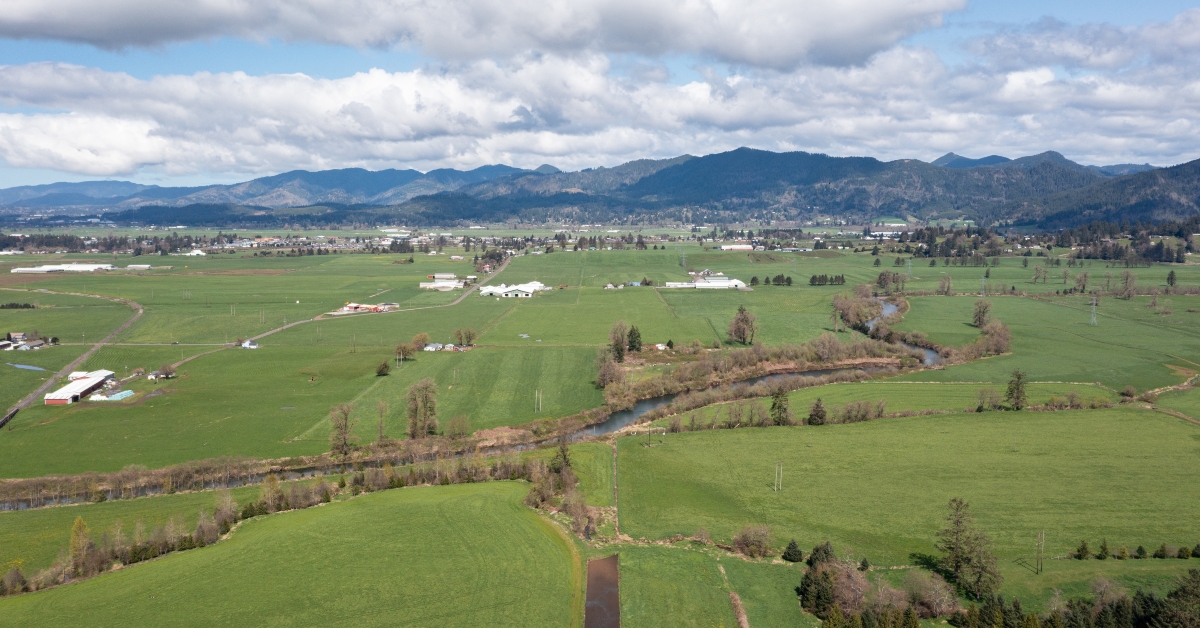 Aerial views of lush green countryside