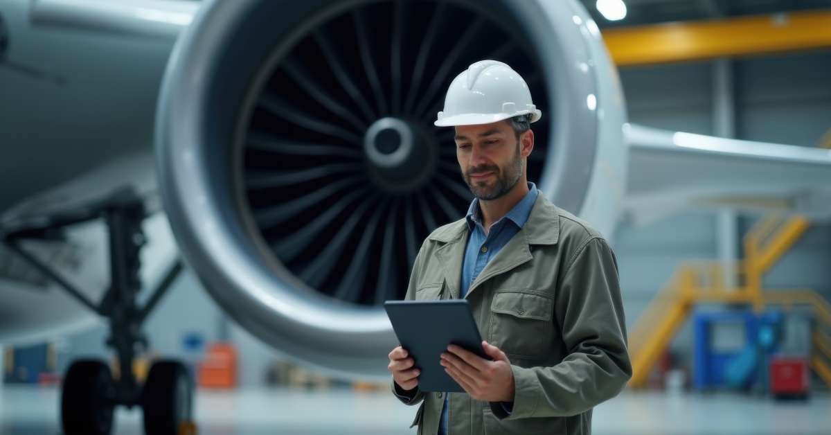 engineer inspecting jet engine with tablet
