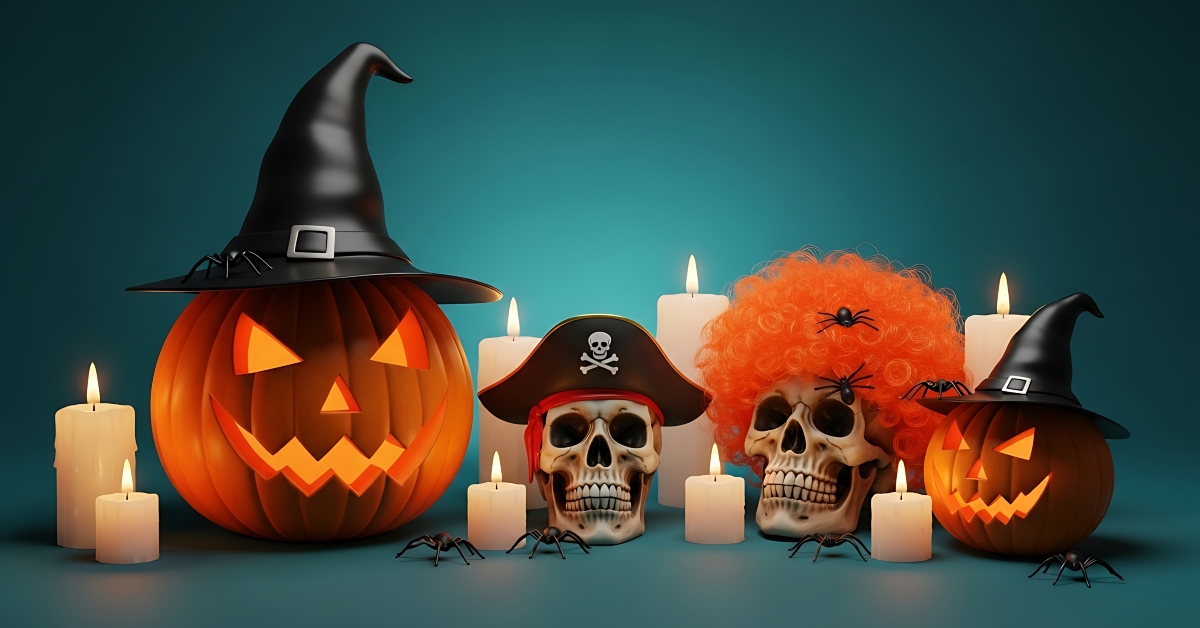 Spooky halloween decorations with carved pumpkins and skulls