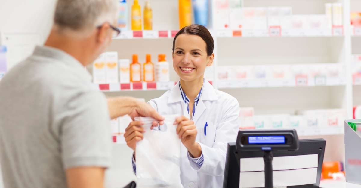 apothecary selling drug to senior man