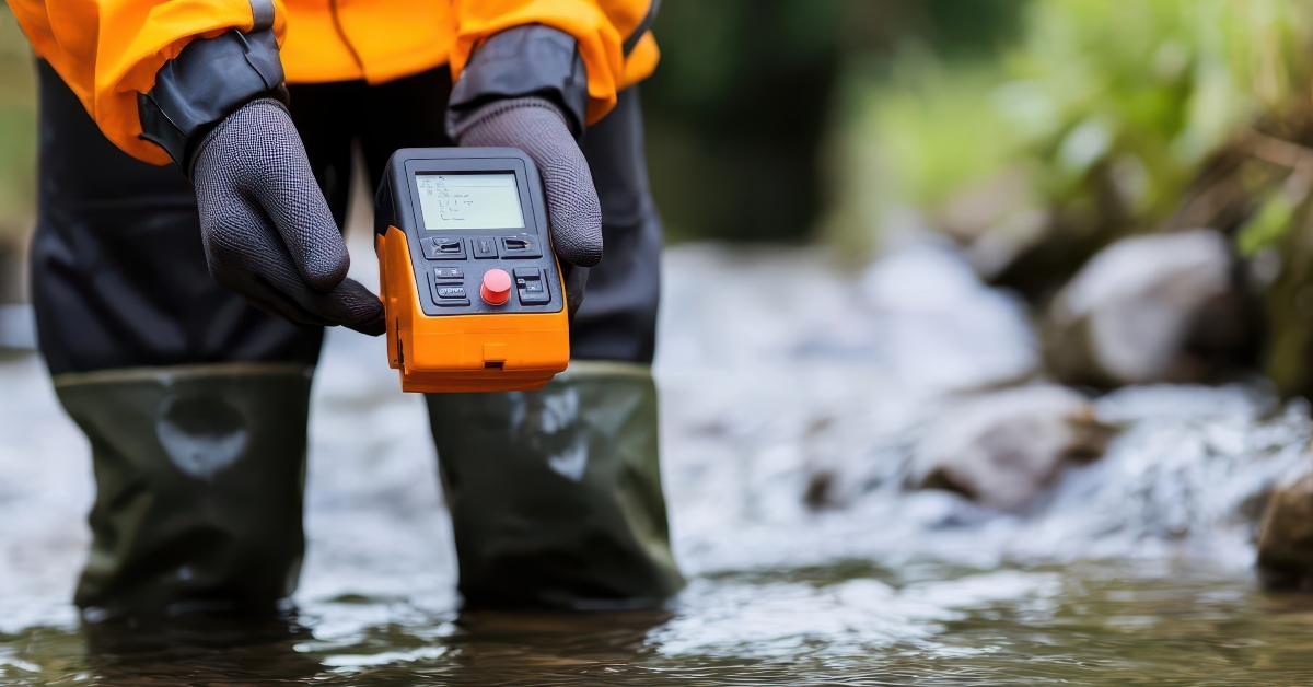 hydrologist measuring water velocity