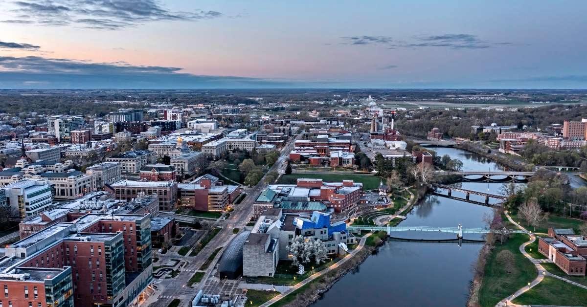 aerial of Iowa city at sunrise