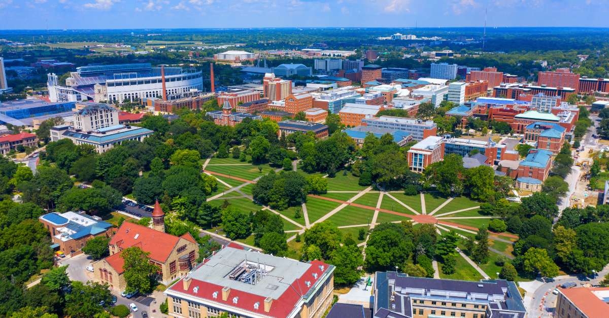 aerial view of oval university campus in ohio