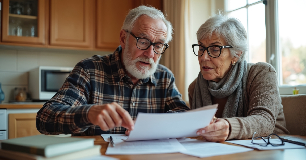 Senior couple reviews estate planning documents at kitchen table