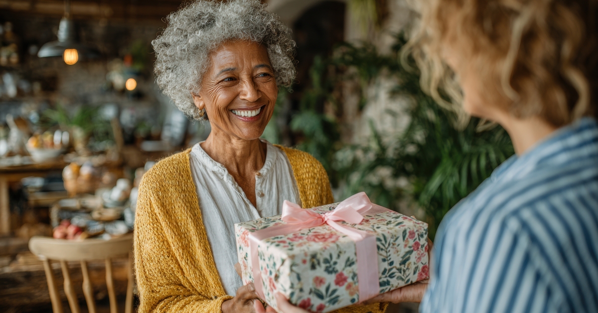 elderly woman receives a gift 