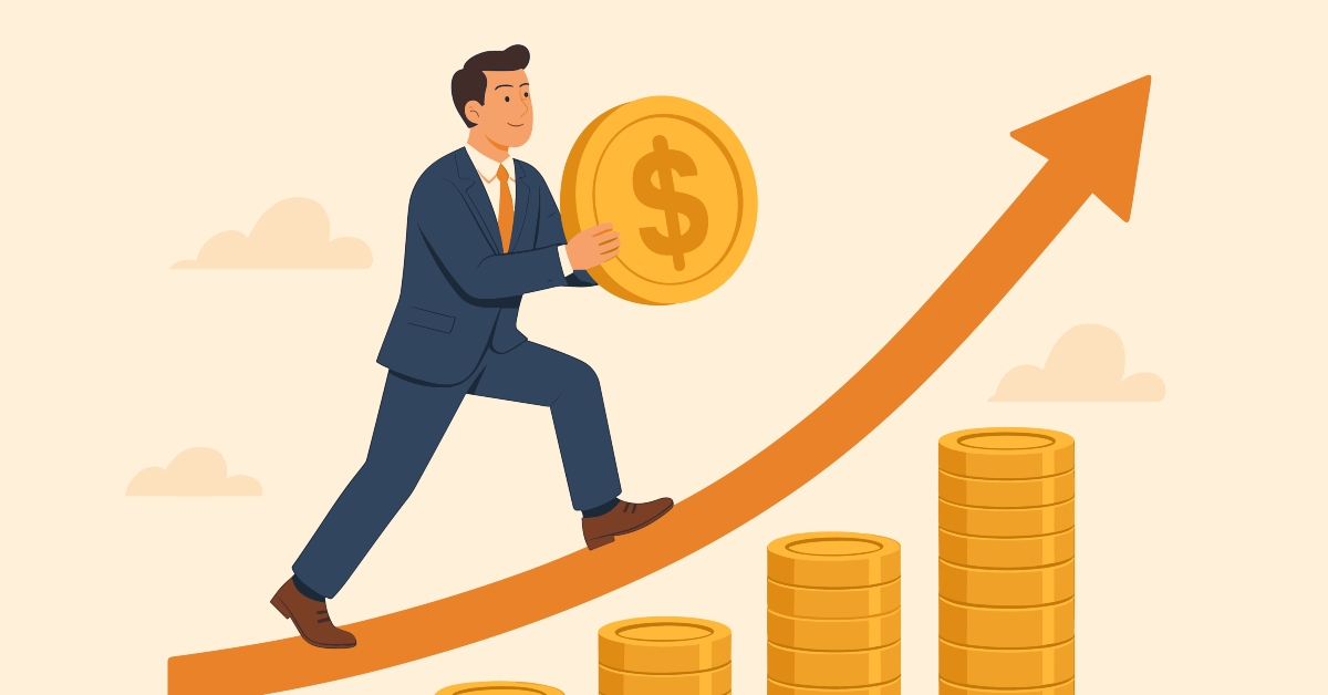 Businessman carrying dollar coin climbing success arrow