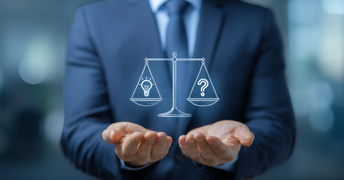 Lawyer presents scales with an idea