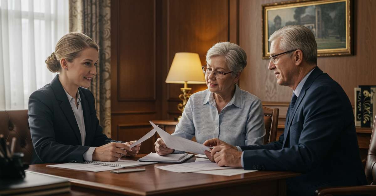 woman presenting documents to couple