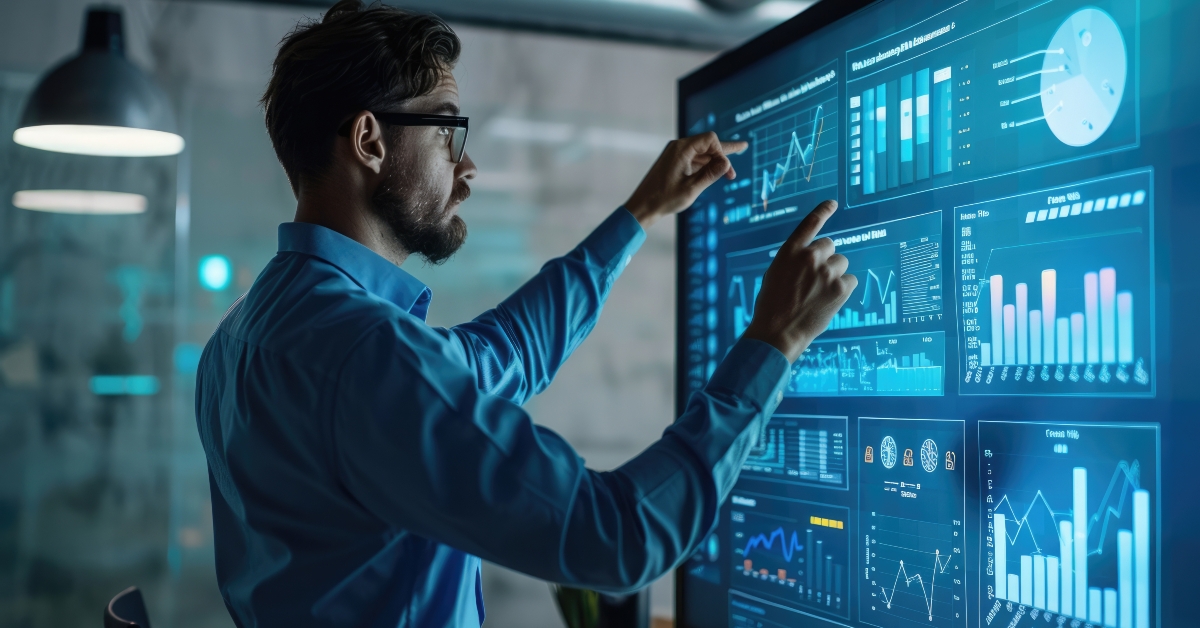 male statistician use interactive presentation 