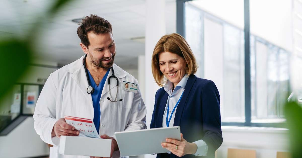 female presenting medication to doctor