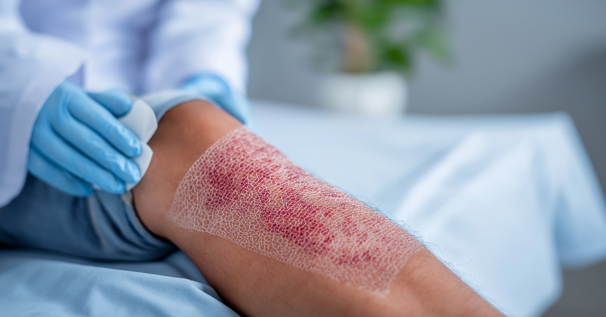 A doctor applying a bioengineered skin graft