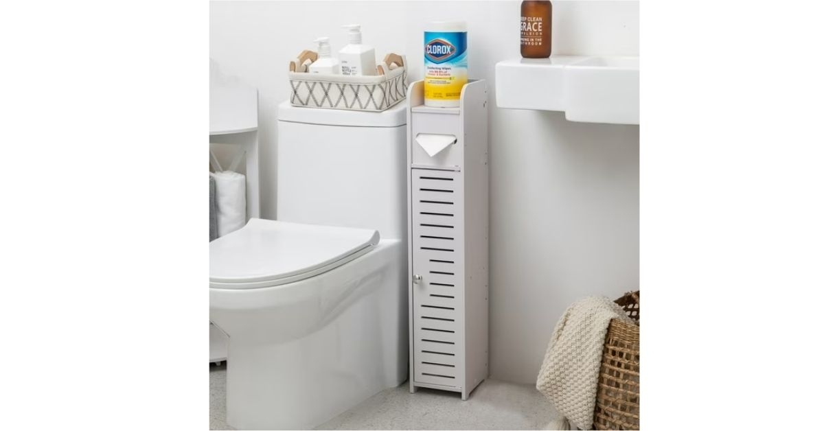 toilet paper holder stand with storage cabinet