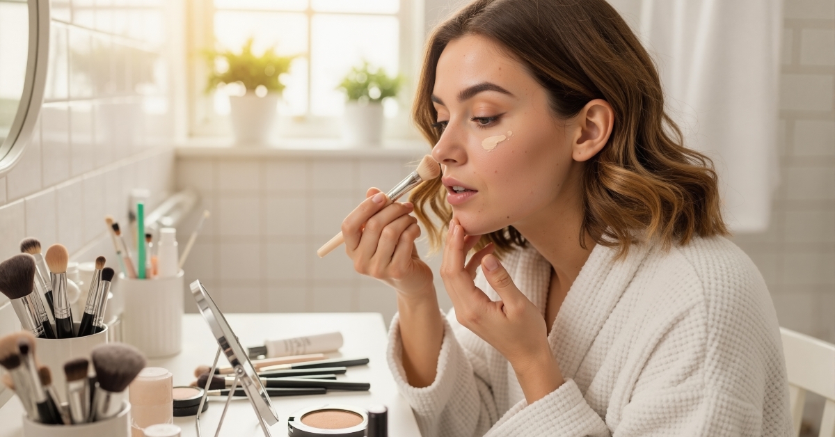 Young woman applying foundation