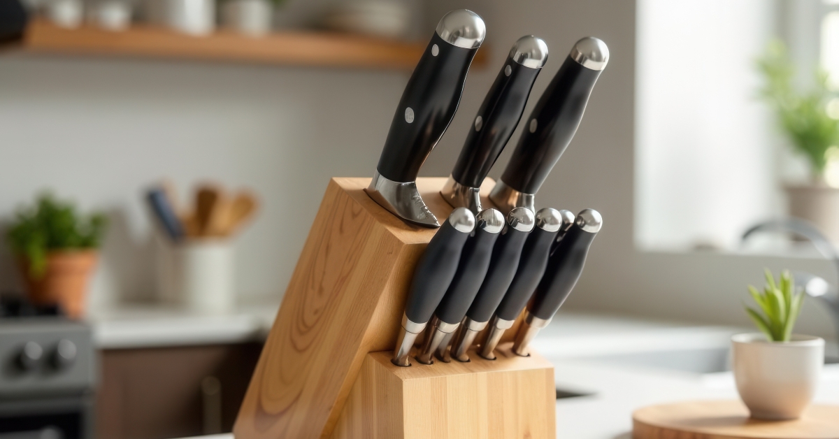 Set of six stainless steel kitchen knives
