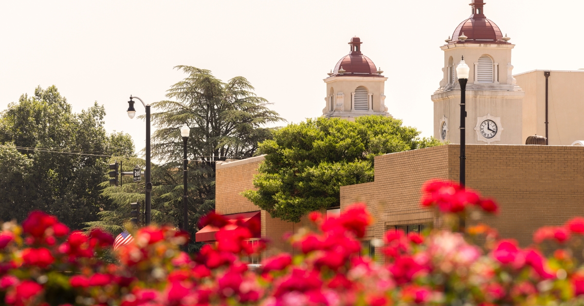 Morning sun shines on the historic downtown