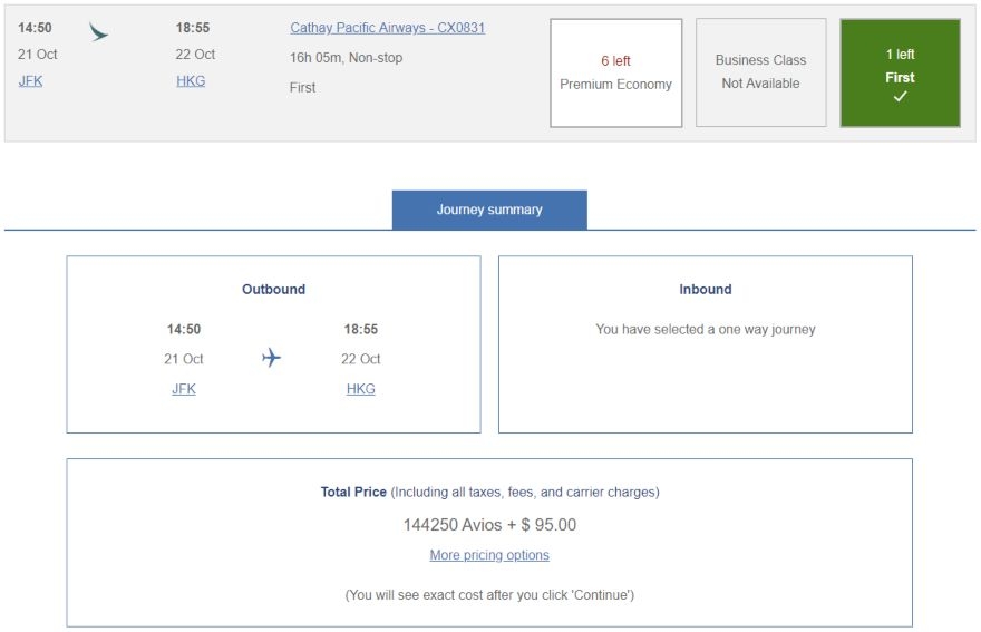 Cathay Pacific First Class using Alaska Airlines miles