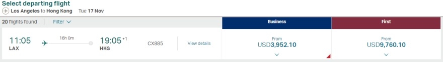 Los Angeles, California, to Hong Kong on Cathay Pacific