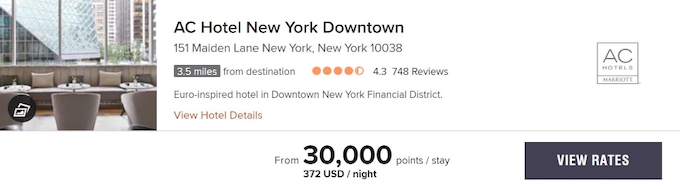 A screenshot of a listing for the AC Hotel New York Downtown. Its value is listed at 30,000 points per night.
