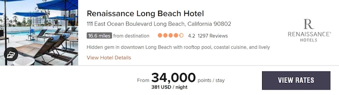 A screenshot of a listing for the Renaissance Long Beach Hotel Its value is listed at 34,000 points per night.
