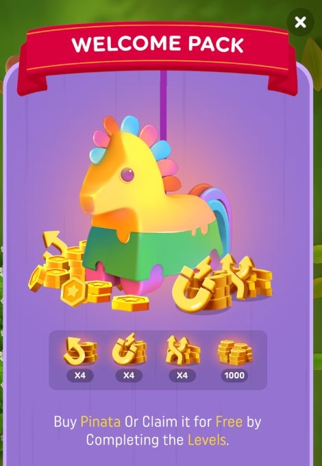 A piñata welcome offer that shows several coin boost options. 