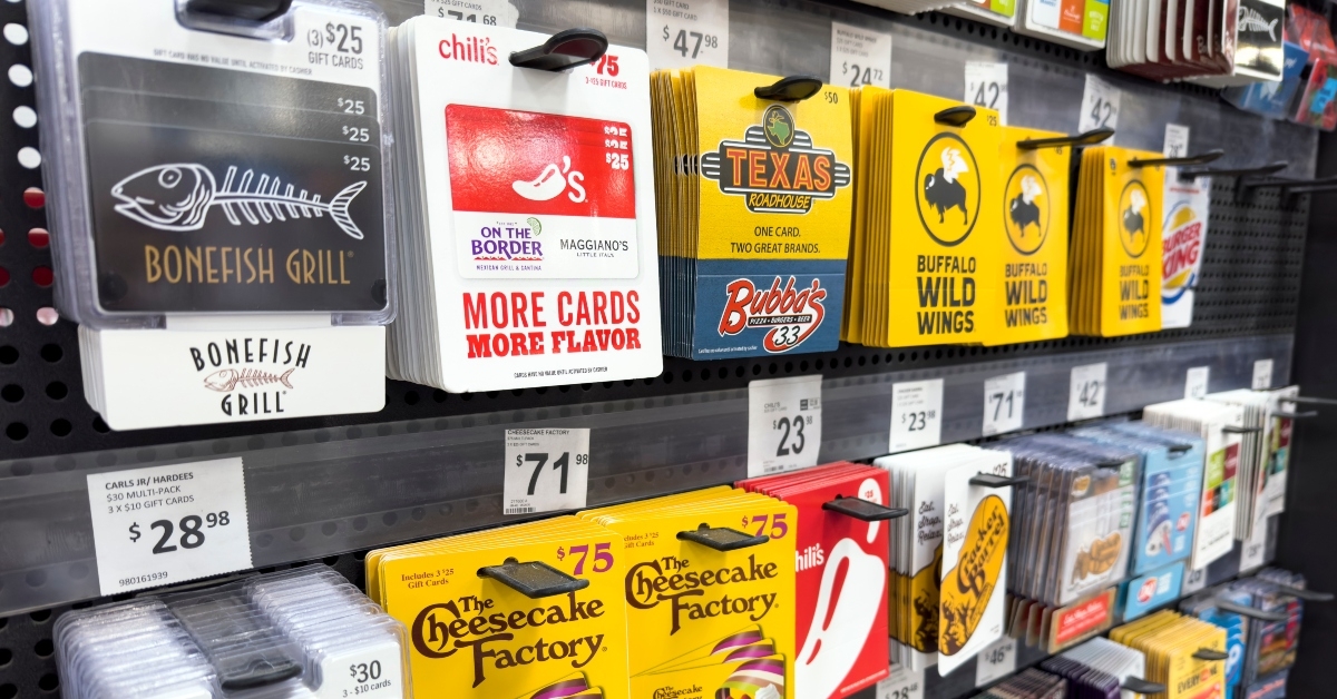 Gift card variety on the store's wall shelf